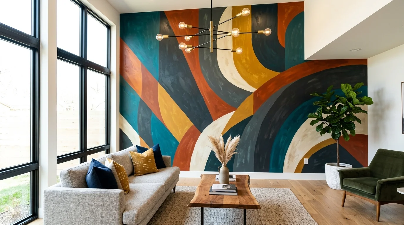 A wall painted with a bold accent color or mural creating a dramatic backdrop bright lighting statement interior design