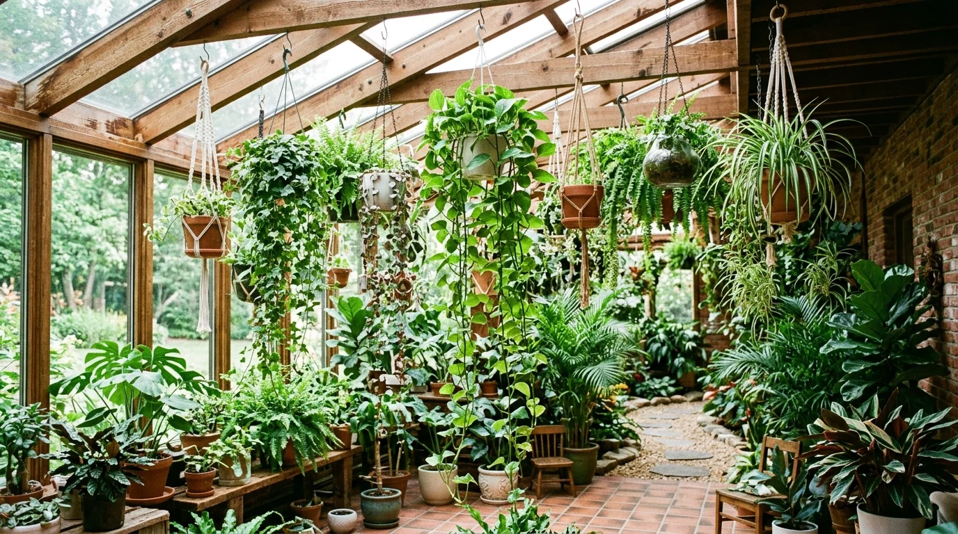 A space with hanging planters suspended from the ceiling with trailing vines cascading down bright natural light vibrant indoor garden feel no people