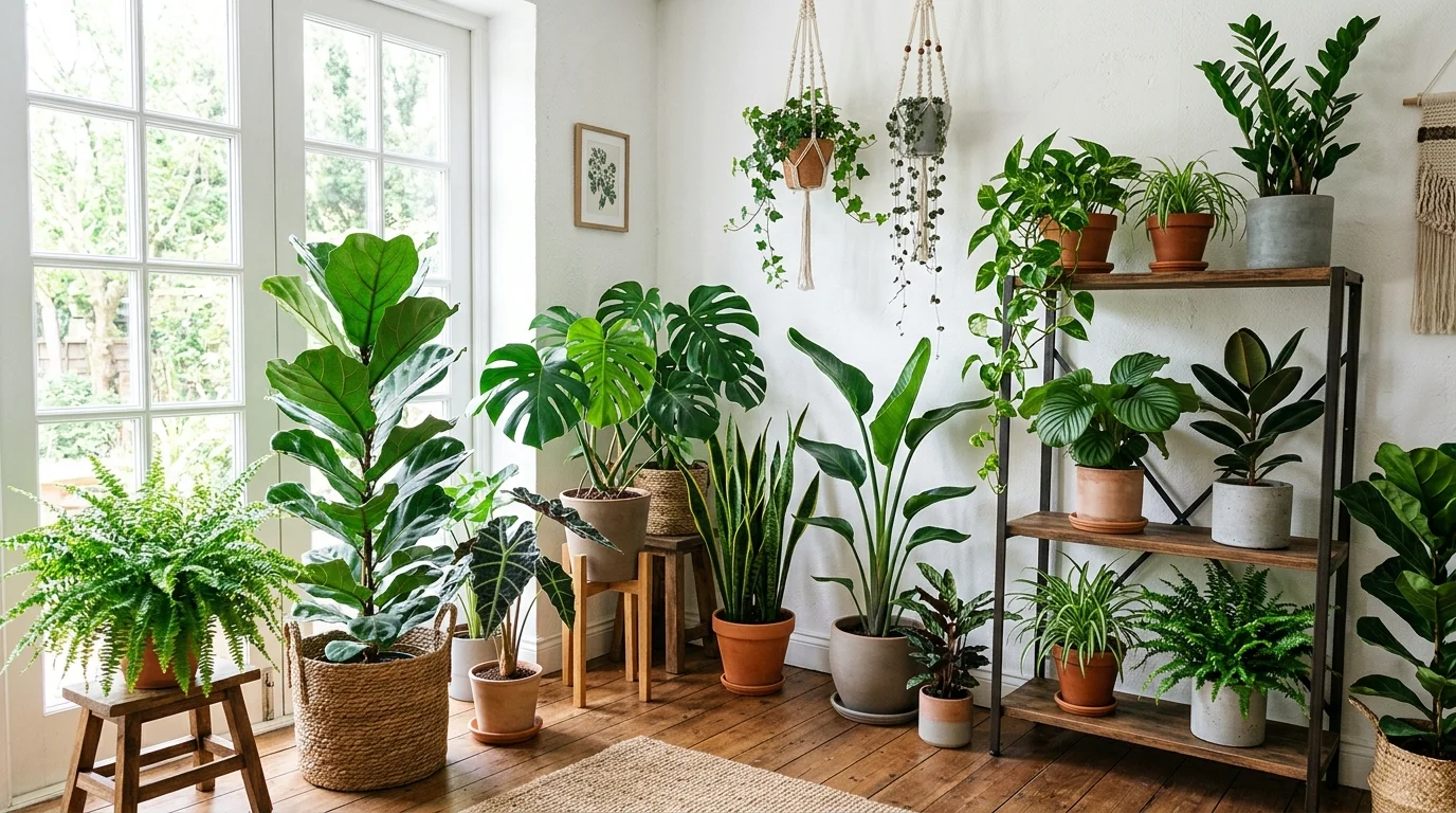 A corner filled with large potted plants placed at different heights bright natural daylight layered lush greenery no people