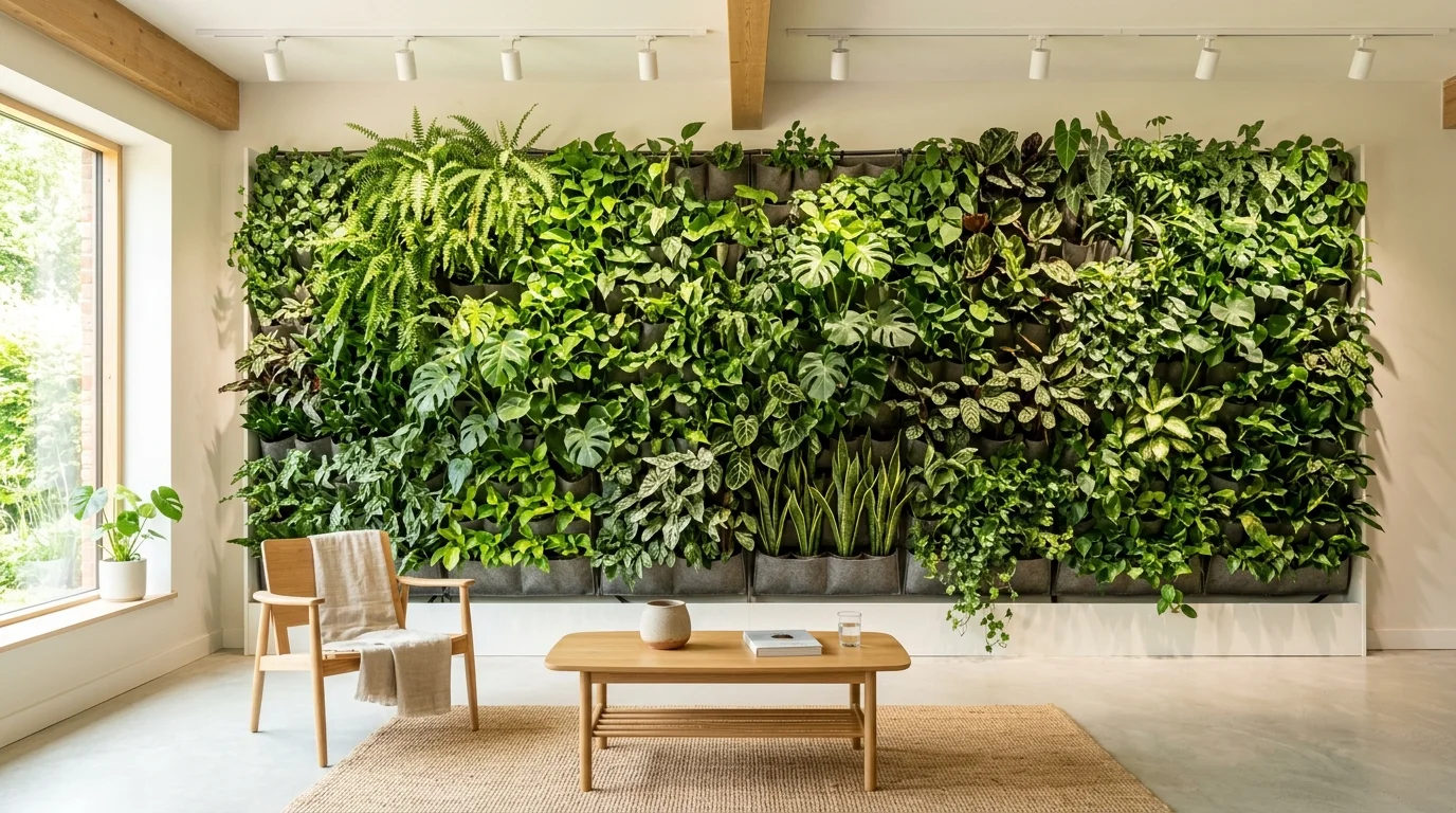 A room with a vertical garden wall filled with plants bright lighting bold statement indoor greenery no people