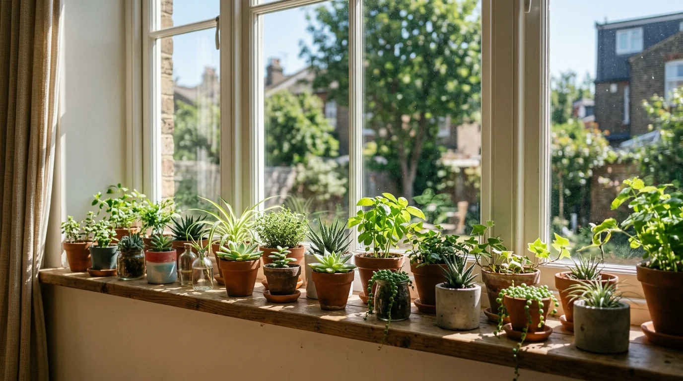 A window sill lined with small potted plants receiving sunlight bright natural daylight fresh green decor no people