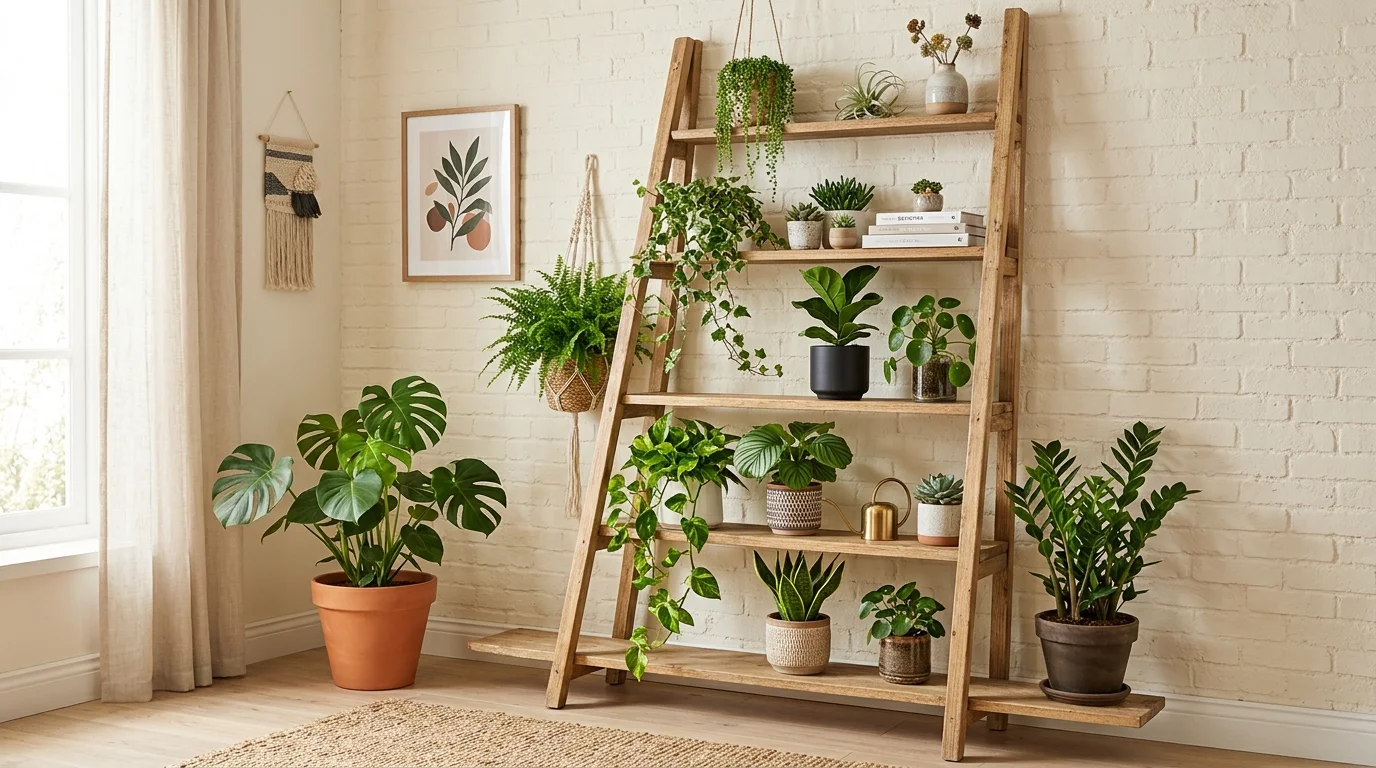 A decorative ladder shelf with plants placed on each step bright lighting stylish organized plant display no people