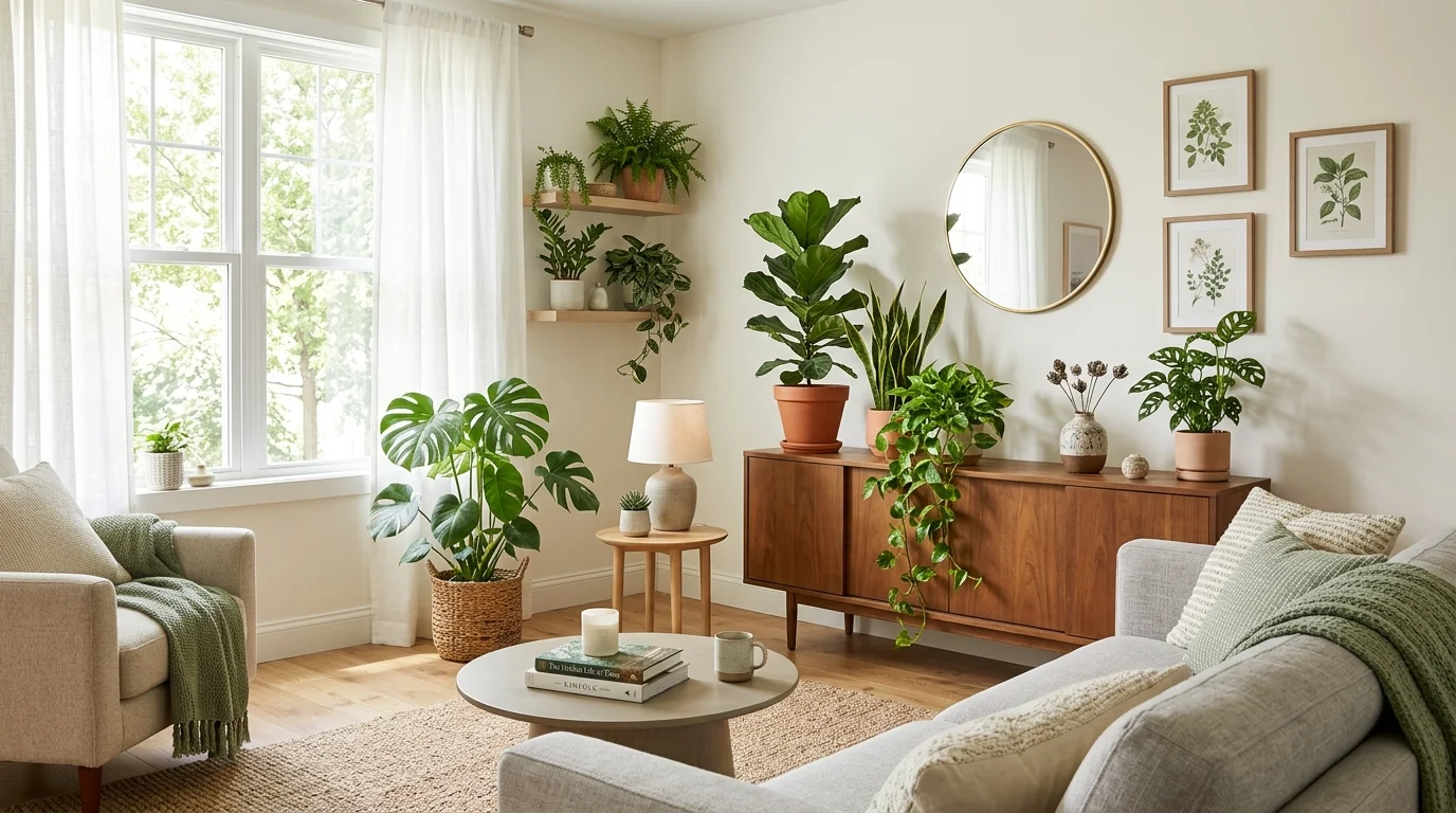 A living room with plants placed on a console table and side tables bright natural light subtle green accents no people