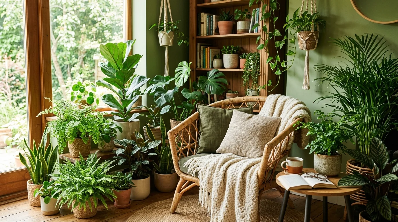 A cozy nook with plants surrounding a chair creating a mini indoor jungle bright natural daylight relaxing green retreat no people