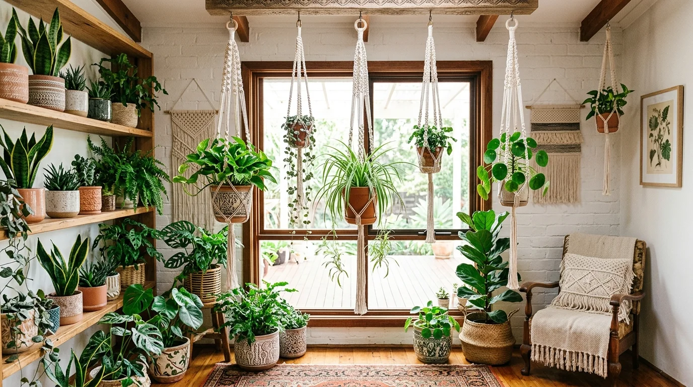 A space with macrame plant hangers holding pots bright lighting bohemian inspired plant decor no people