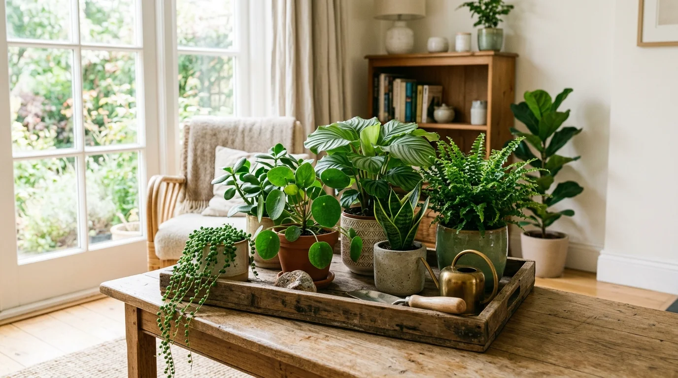 A room with plants grouped together on a tray or table bright natural daylight curated green arrangement no people
