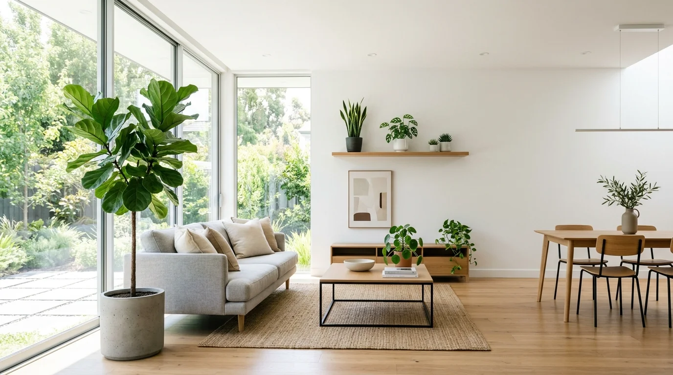 A modern interior with minimal plants placed strategically bright lighting clean balanced greenery no people