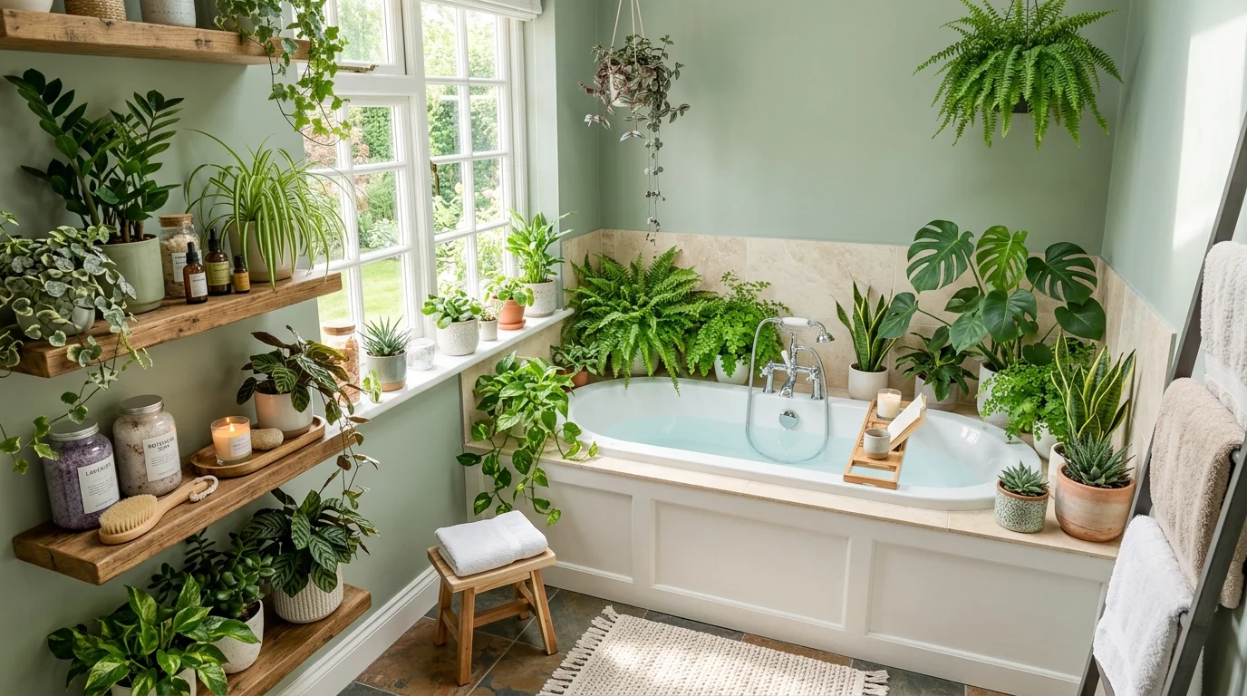 A bathroom with plants placed around a tub and shelves bright lighting spa like green environment no people