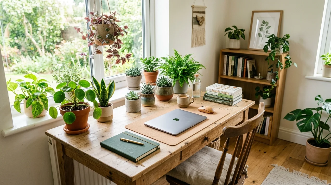 A workspace with small desk plants adding freshness bright natural light productive green setting no people