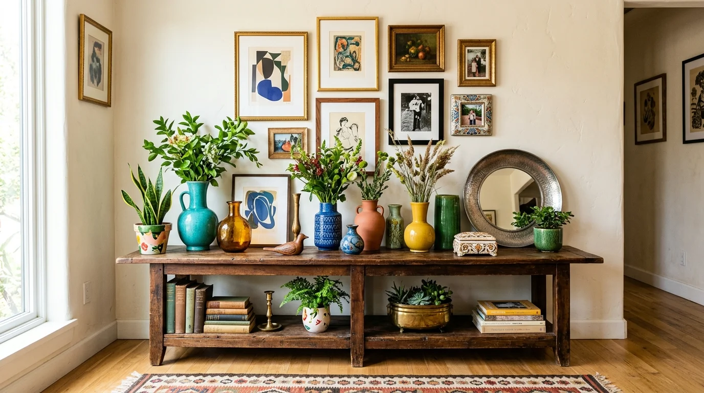 A space with mismatched decor items including colorful vases artwork and plants arranged on a console table bright lighting curated eclectic style no people
