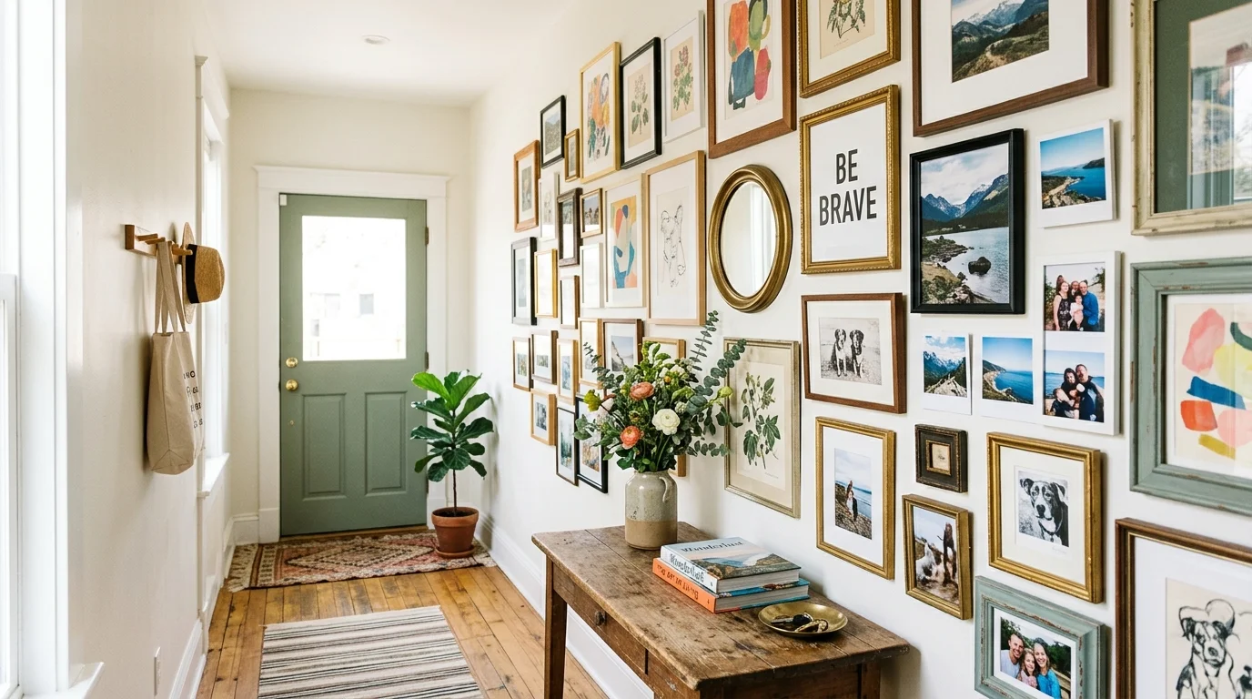 An entry with a gallery wall of mixed frames art and photos bright natural light expressive personalized design no people