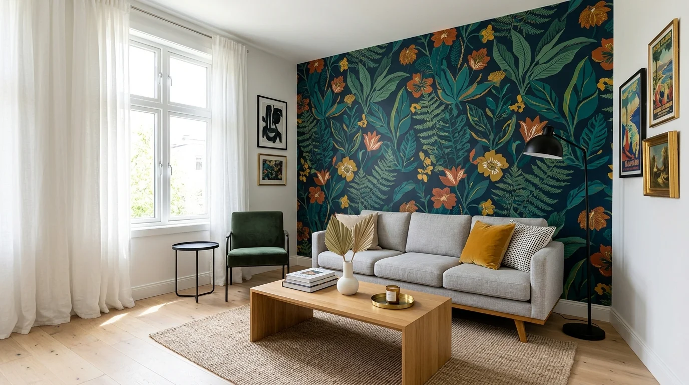 A room with bold wallpaper paired with simple furniture bright lighting striking eclectic statement no people