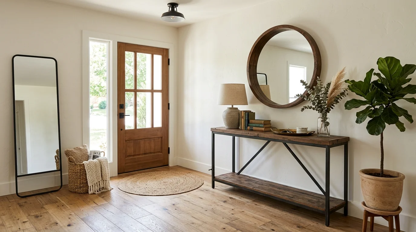 An entryway with a mix of textures including wood metal and woven decor bright natural daylight layered interesting design no people