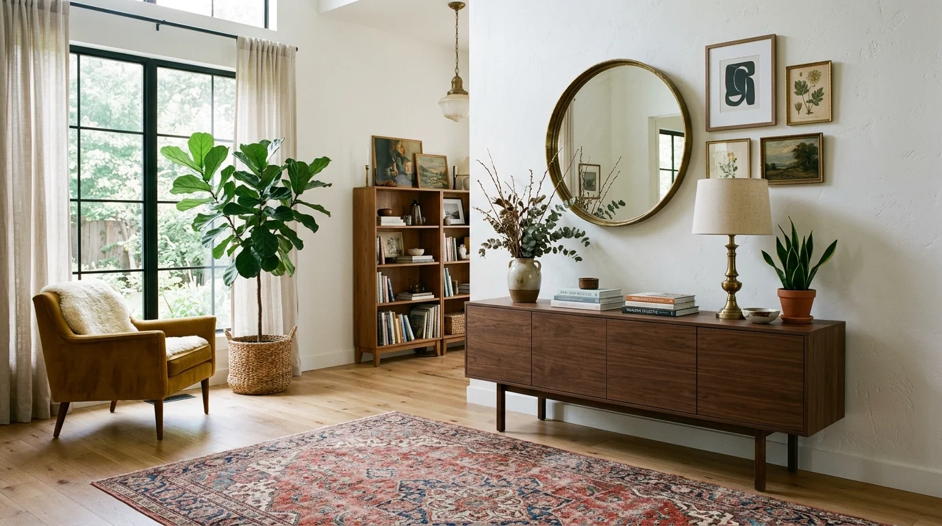A space with a vintage rug and modern console table bright natural light balanced eclectic style no people