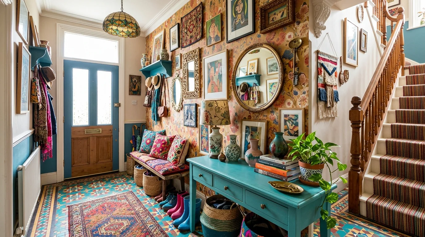 An entry with a mix of colors patterns and decor elements bright lighting vibrant creative atmosphere no people