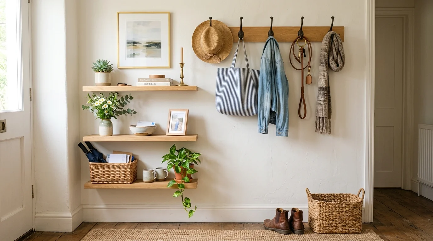 A wall with hooks and shelves holding decor and functional items bright natural light stylish practical setup no people