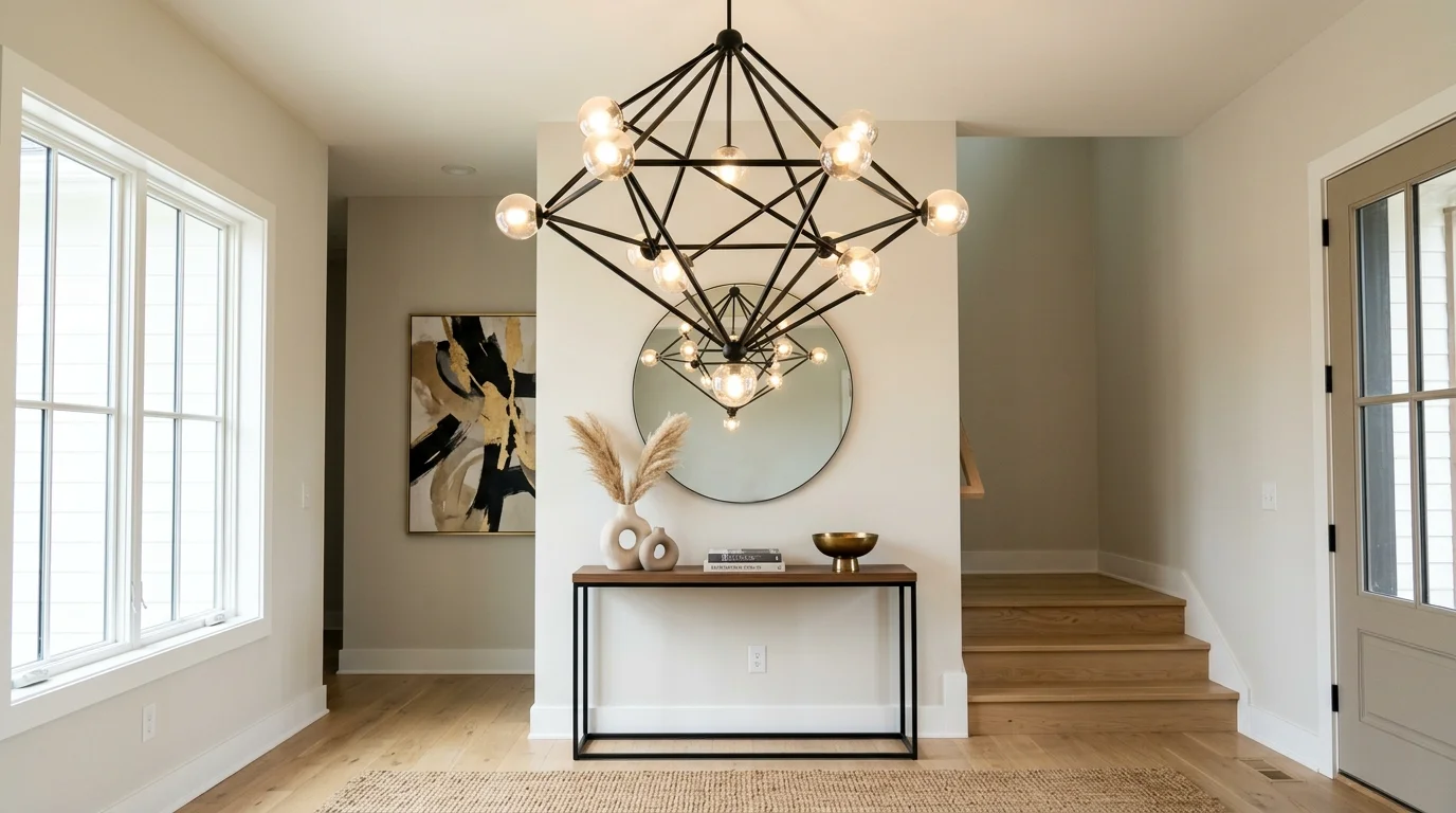 An entry with a statement light fixture above a simple console bright lighting bold focal point design no people