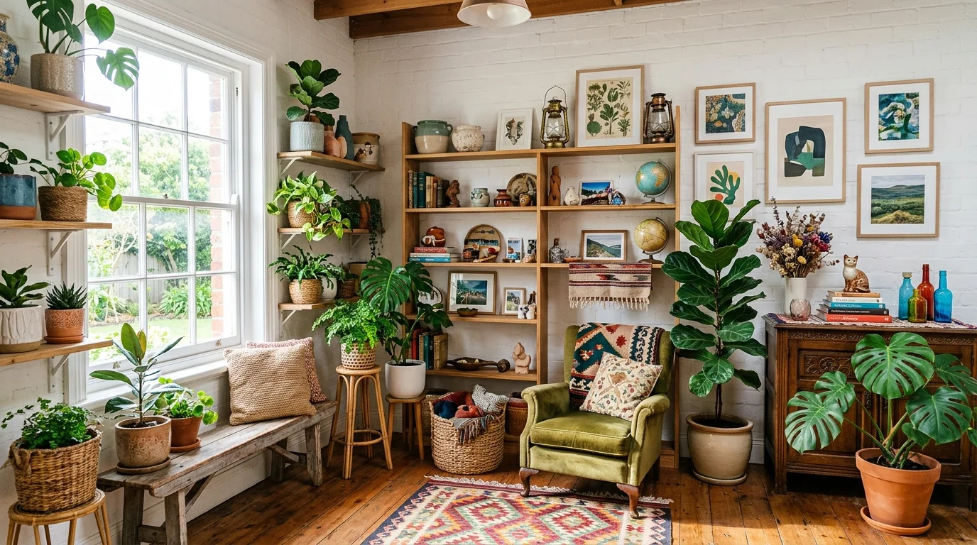 A space with plants and decorative objects arranged creatively bright natural daylight fresh eclectic feel no people