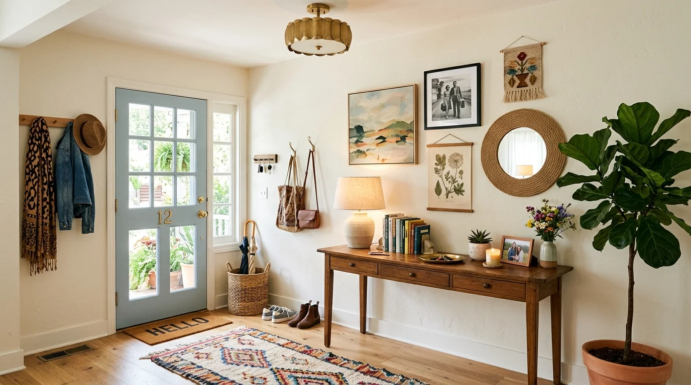 A curated entryway with a mix of personal items art and decor bright lighting unique welcoming home entrance