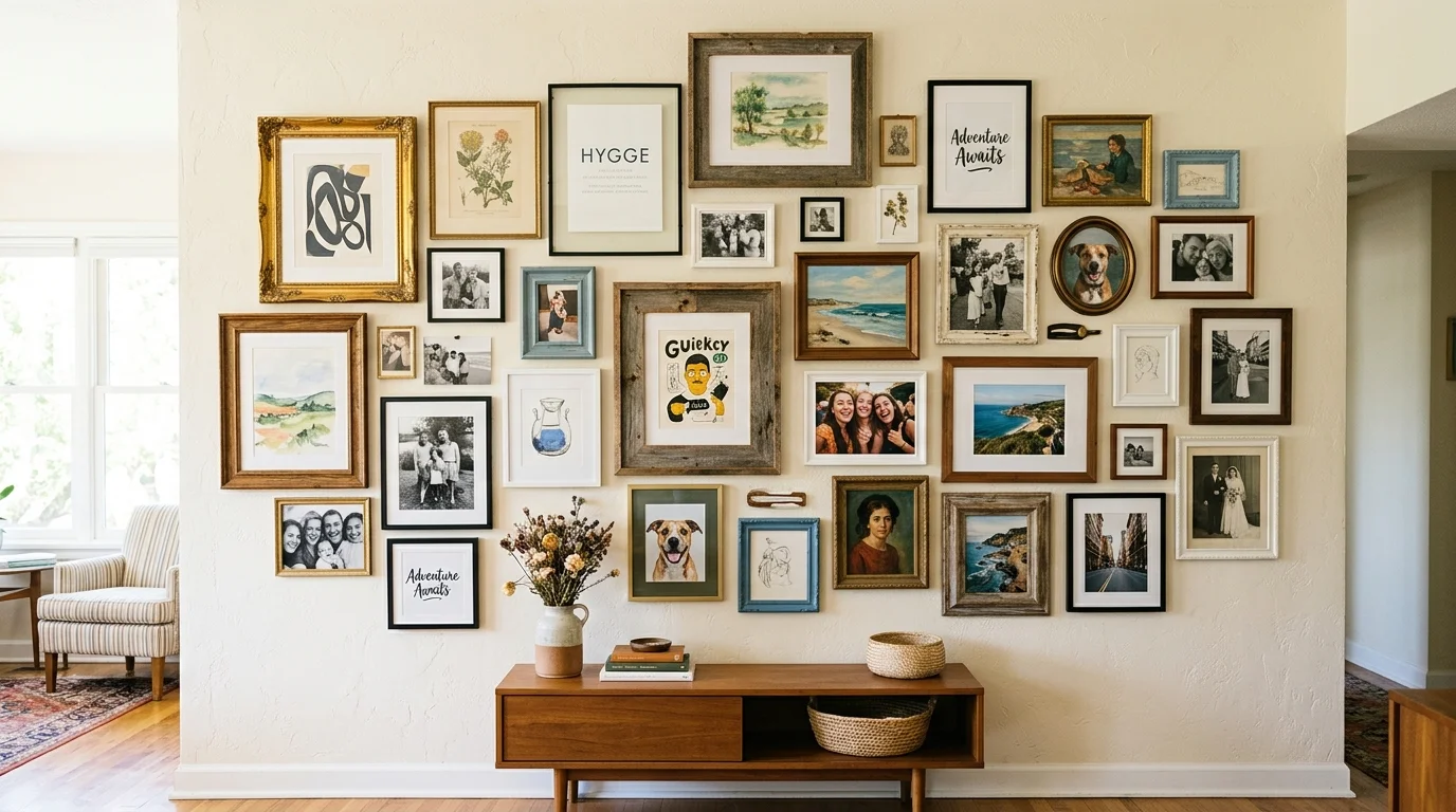 A gallery wall featuring mismatched frames art pieces and personal photos arranged creatively on a neutral wall bright lighting expressive eclectic style no people