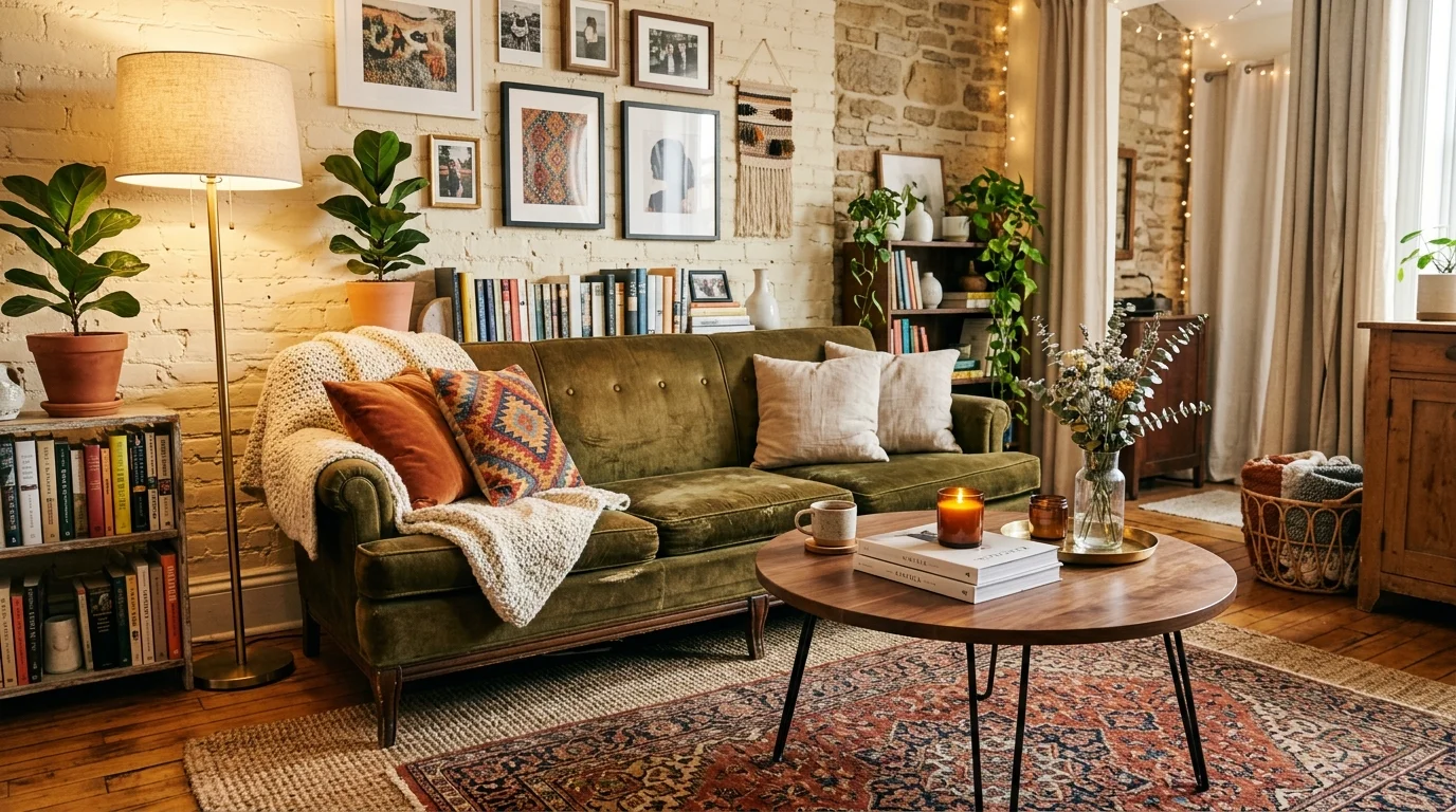 A cozy space with a vintage sofa paired with a modern coffee table and layered textiles warm ambient lighting balanced eclectic design no people