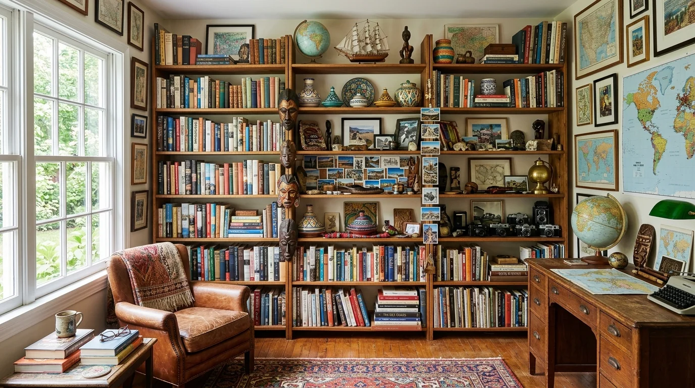 A room filled with travel souvenirs books and unique decor pieces displayed on shelves bright natural light storytelling collected aesthetic no people