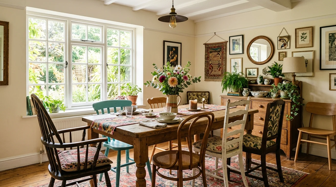 A dining room with mismatched chairs around a wooden table and layered decor bright natural daylight charming eclectic mix no people