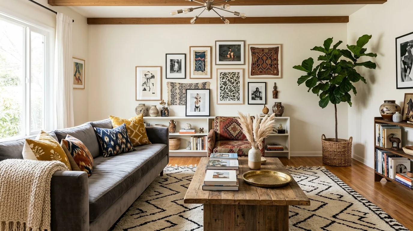 A living space with bold patterns mixed with neutral tones and various textures bright lighting dynamic curated interior no people