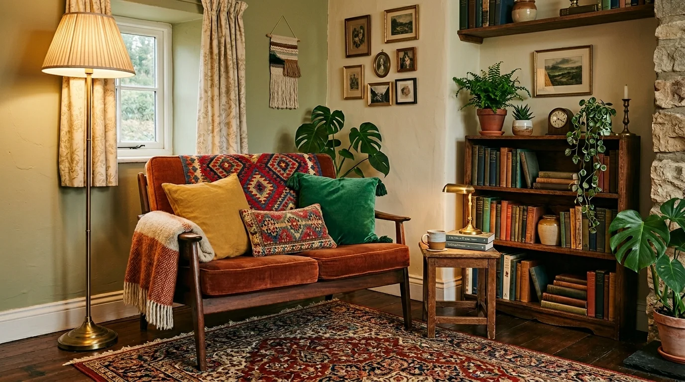 A corner with a vintage armchair colorful cushions and a patterned rug warm lighting cozy collected vibe no people