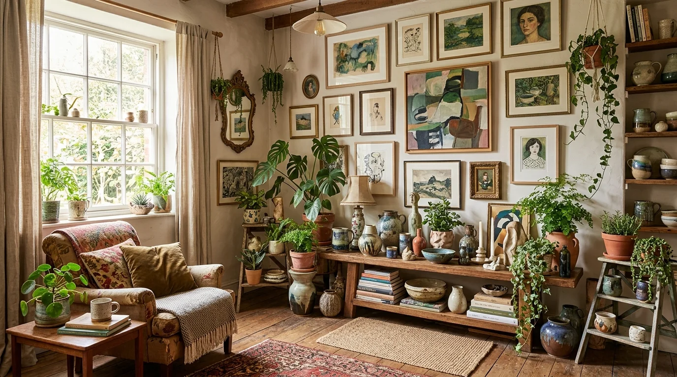 A room with layered decor including ceramics plants and art pieces arranged organically bright natural light artistic eclectic feel no people