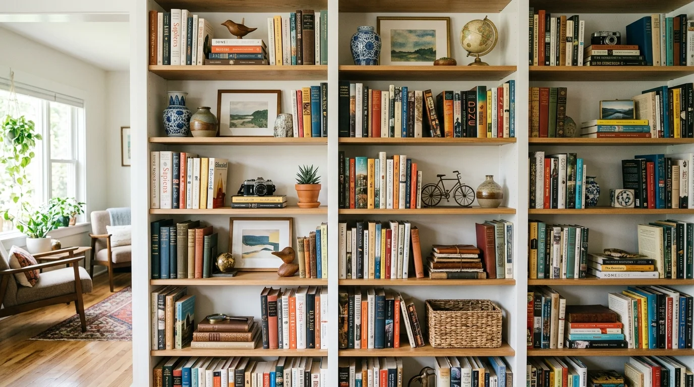 A bookshelf filled with books decorative objects and unique finds bright lighting curated personal collection display no people