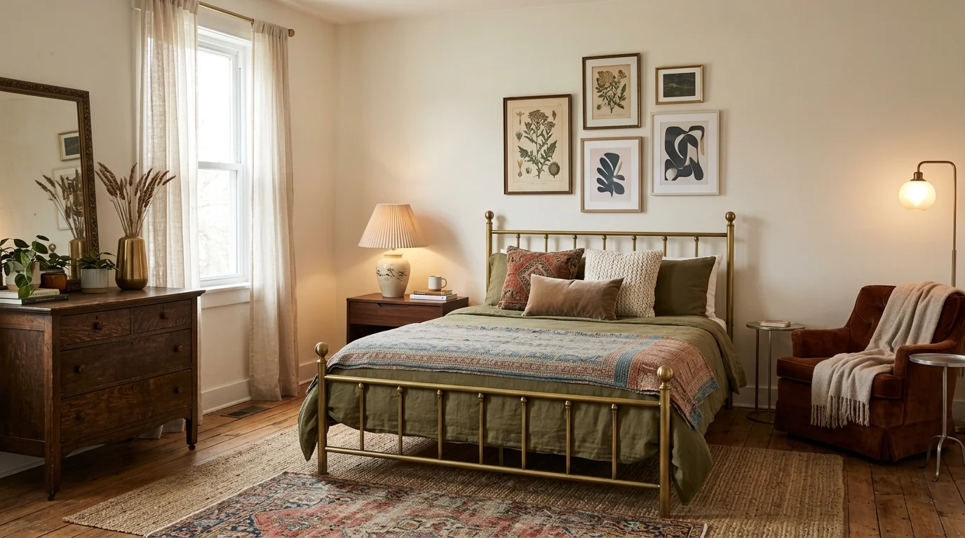 A bedroom with mixed styles including vintage furniture modern decor and layered textiles soft lighting relaxed eclectic retreat no people