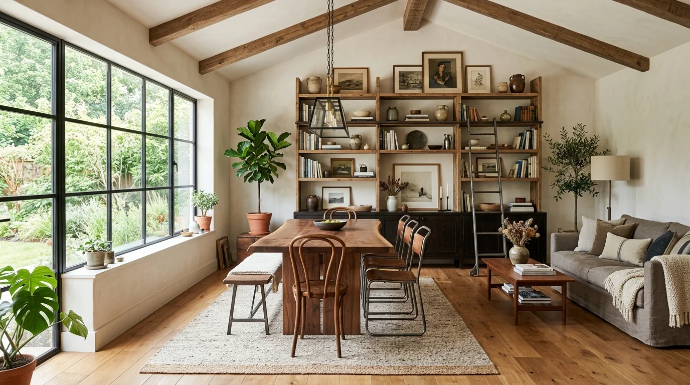 A space with a mix of wood metal and fabric textures combined harmoniously bright natural daylight balanced collected style no people