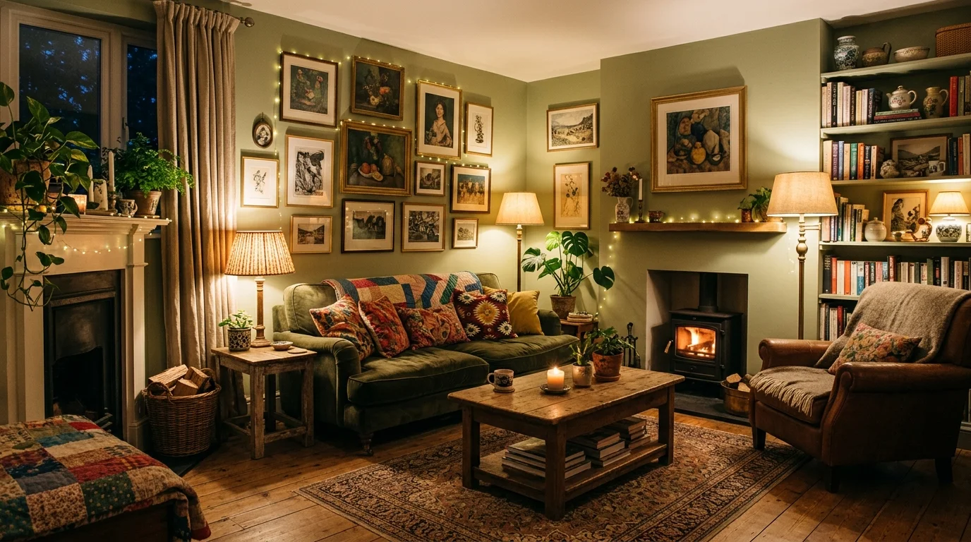 A cozy living room with layered lighting artwork and decor pieces creating a warm personalized environment soft lighting inviting eclectic home no people