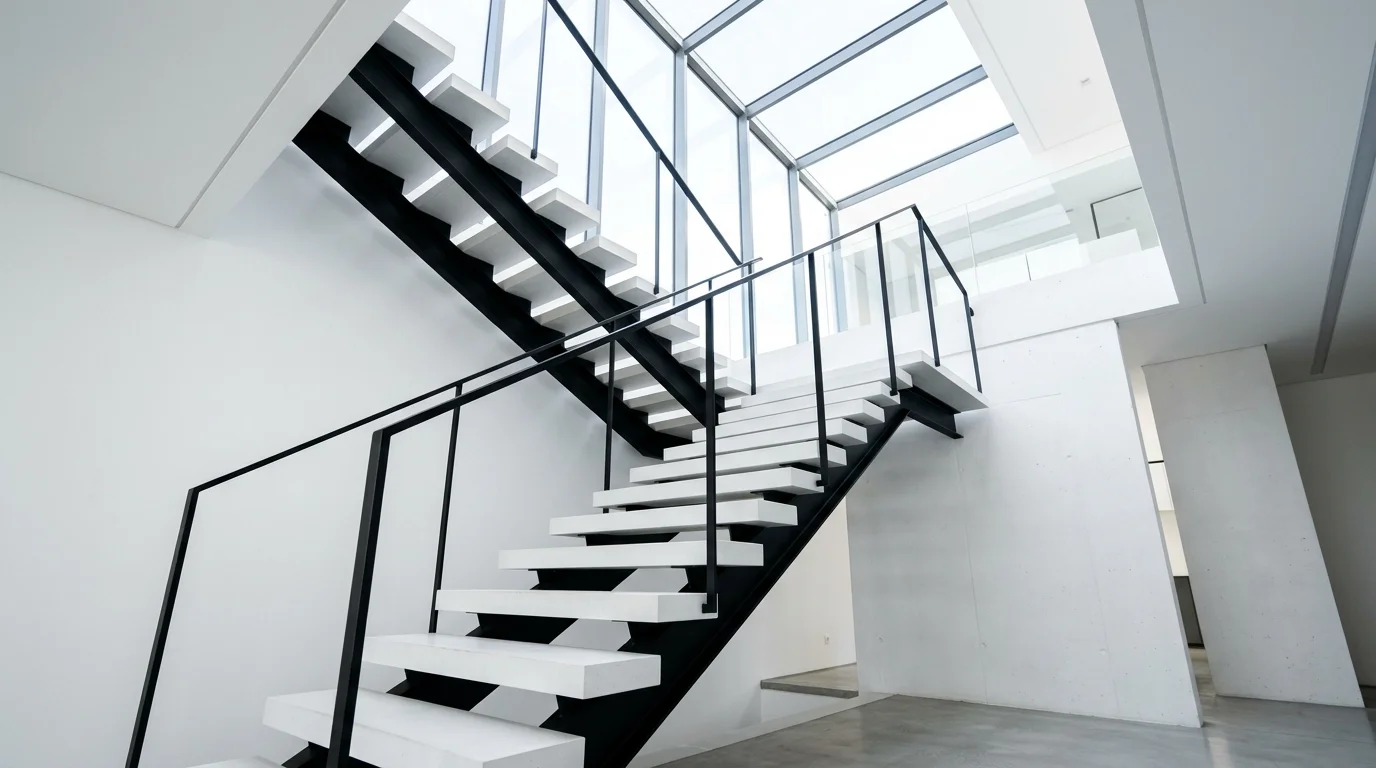 A minimalist black and white stair design with floating white steps, black steel frame structure, clean lines, and bright natural skylight above, ultra-modern aesthetic, no people