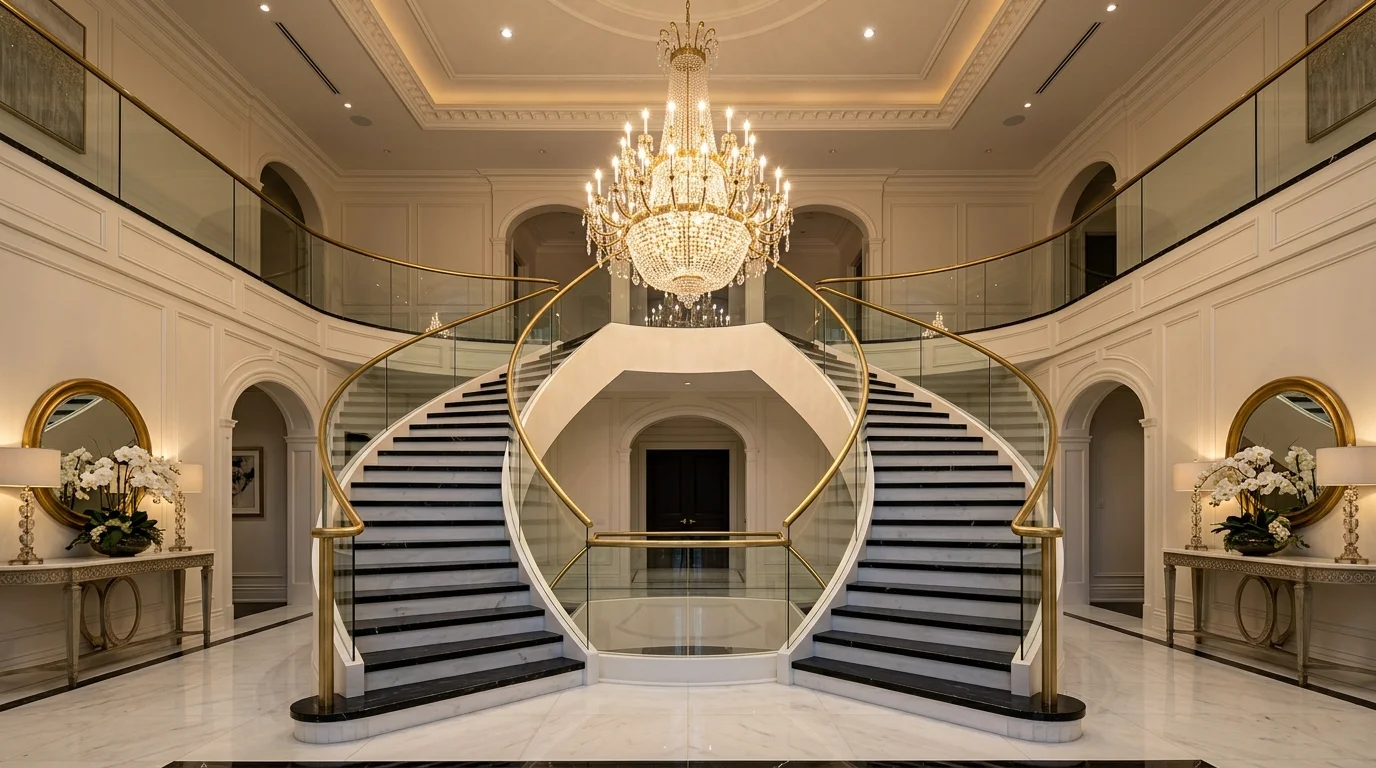 A luxury staircase with black marble treads and white risers, glass railing, and dramatic chandelier lighting, elegant high-end foyer, symmetrical composition, no people