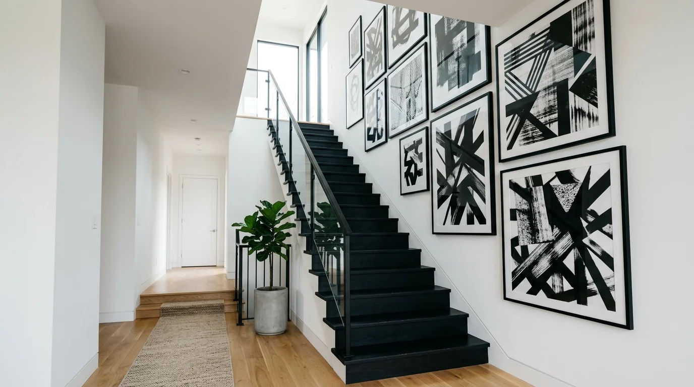 A contemporary staircase with black wooden steps, white walls, and bold black-and-white abstract wall art along the stairwell, balanced modern design, no people
