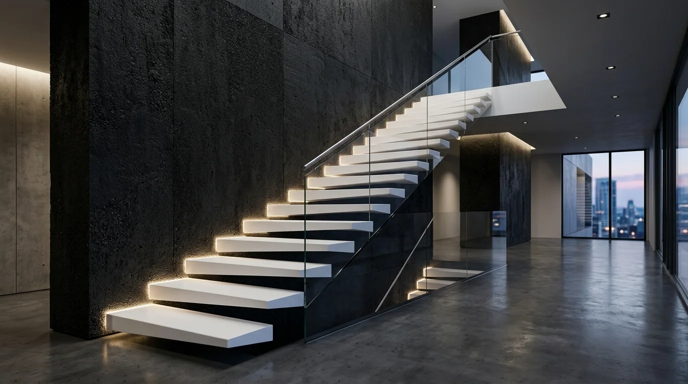 A dramatic floating staircase with white cantilevered steps emerging from a black accent wall, hidden LED lighting under steps, sleek futuristic style, no people