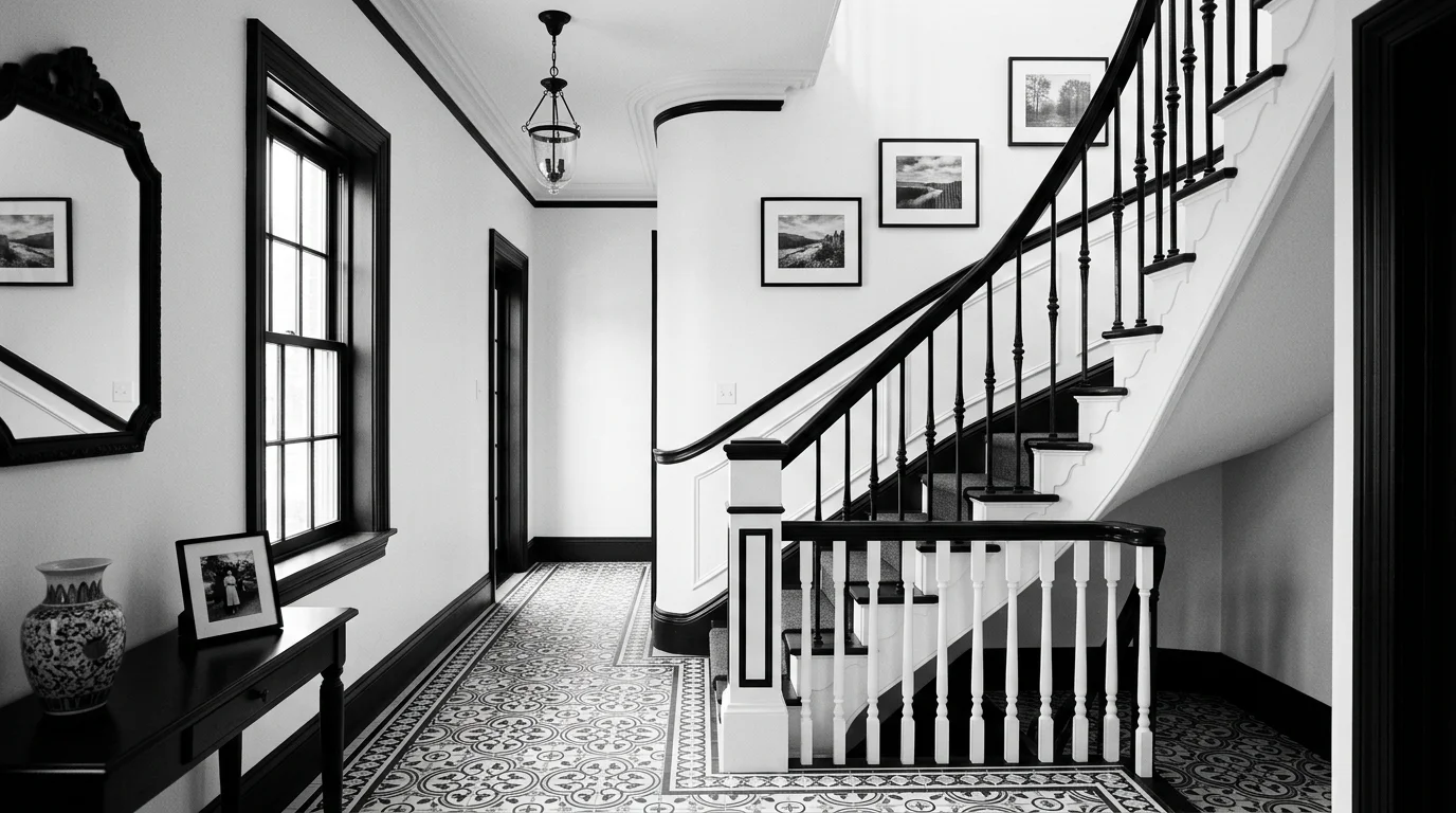 A black and white staircase hallway with patterned monochrome tile flooring, white railings, and black accent trim, elegant transitional design, soft ambient lighting, no people