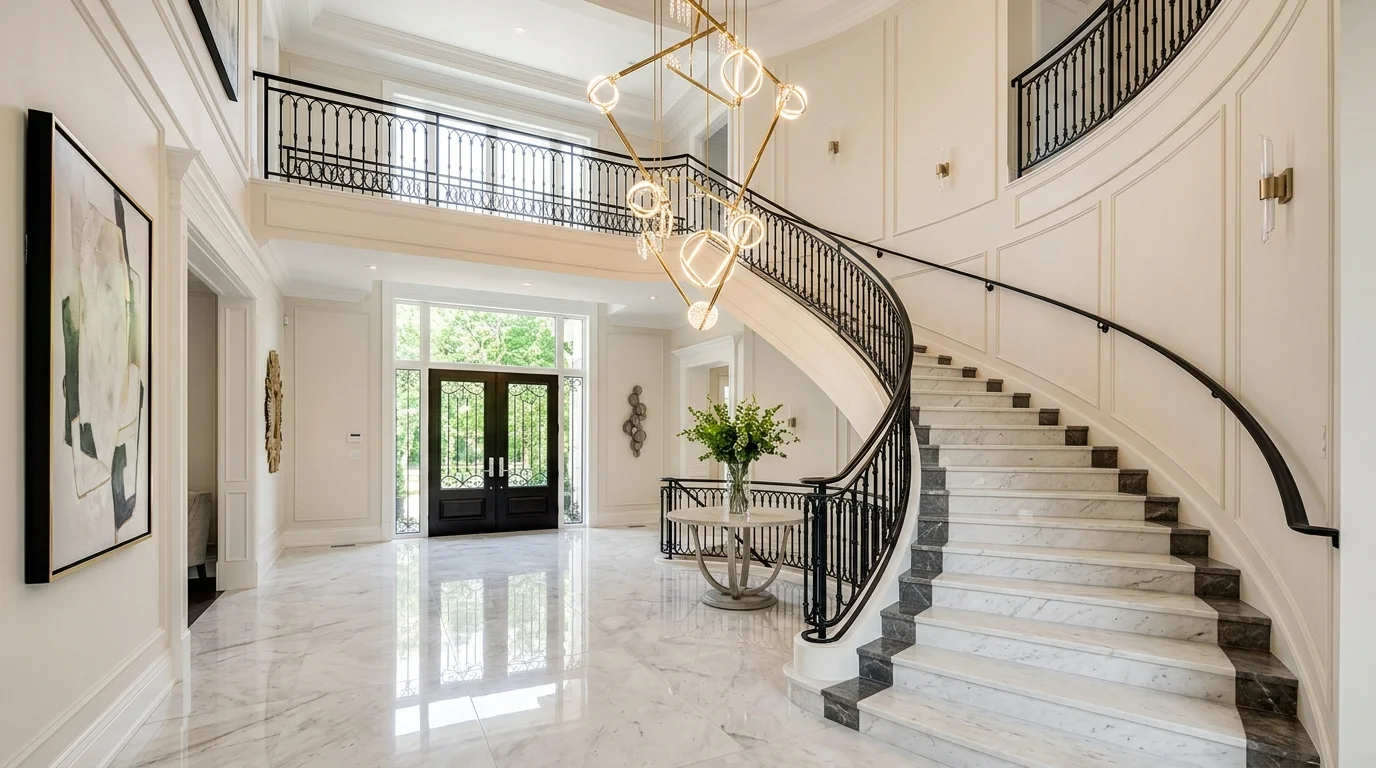 A luxury entry staircase with white marble steps, black iron balusters, oversized modern pendant light, and polished reflective surfaces, grand elegant atmosphere, no people