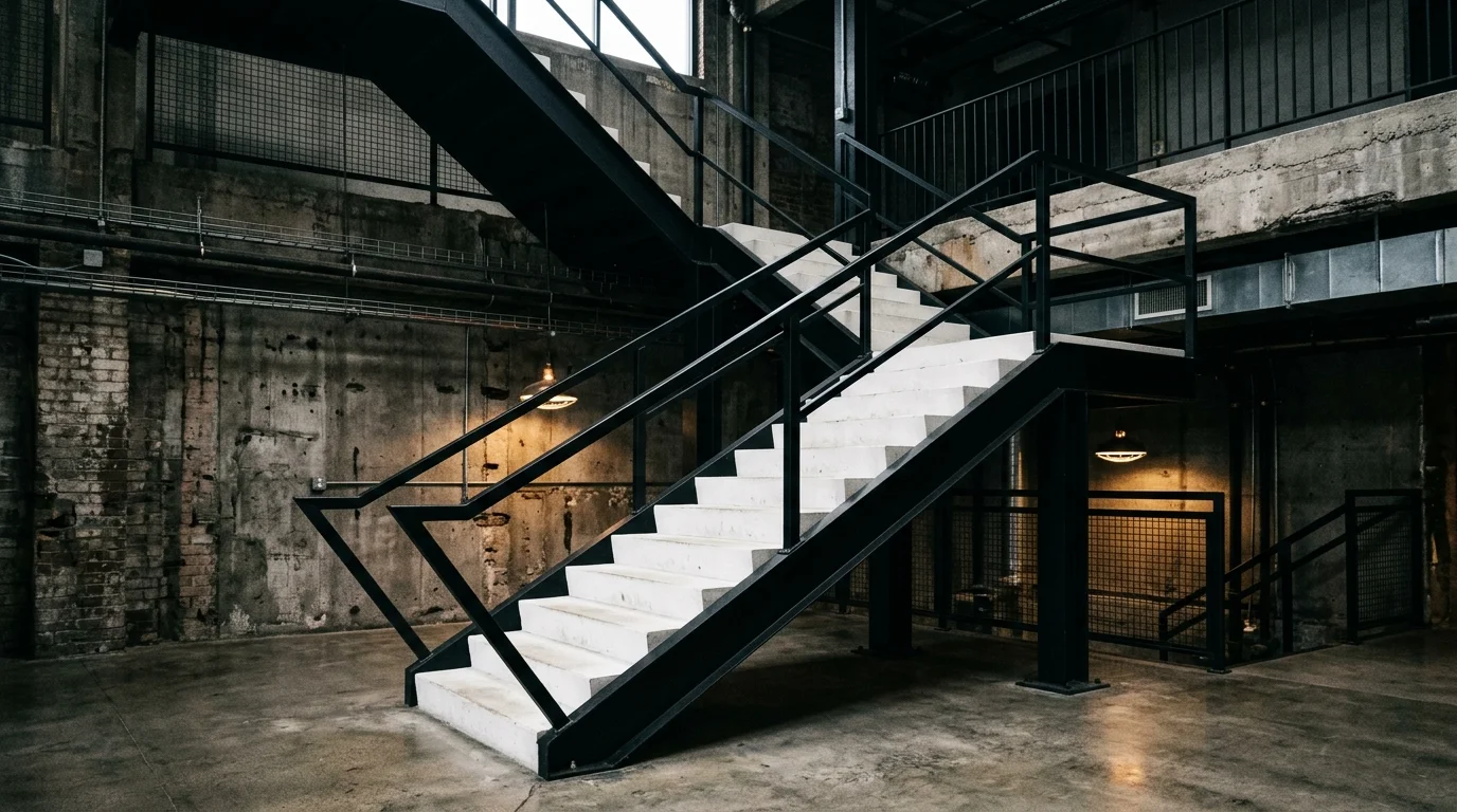A minimalist industrial staircase with black steel structure, white concrete steps, exposed walls, and moody lighting contrast, edgy architectural feel, no people