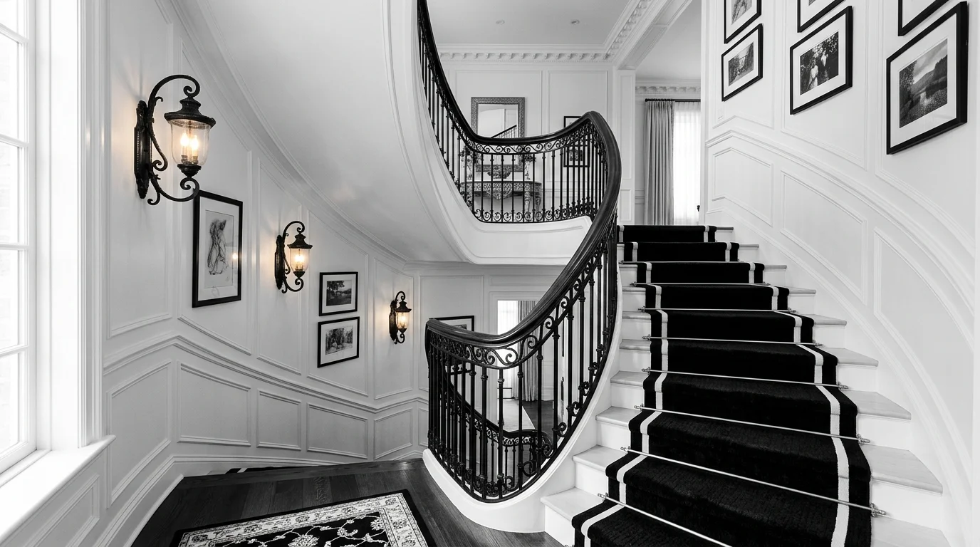 A classic staircase reimagined in black and white with white wood steps, black runner carpet, traditional railing design, and elegant wall sconces, timeless sophistication, no people