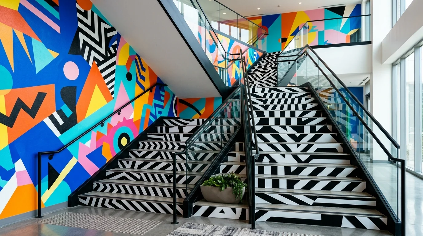 A bold graphic staircase with alternating black and white step patterns, artistic wall murals, and strong geometric composition, vibrant modern interior, no people