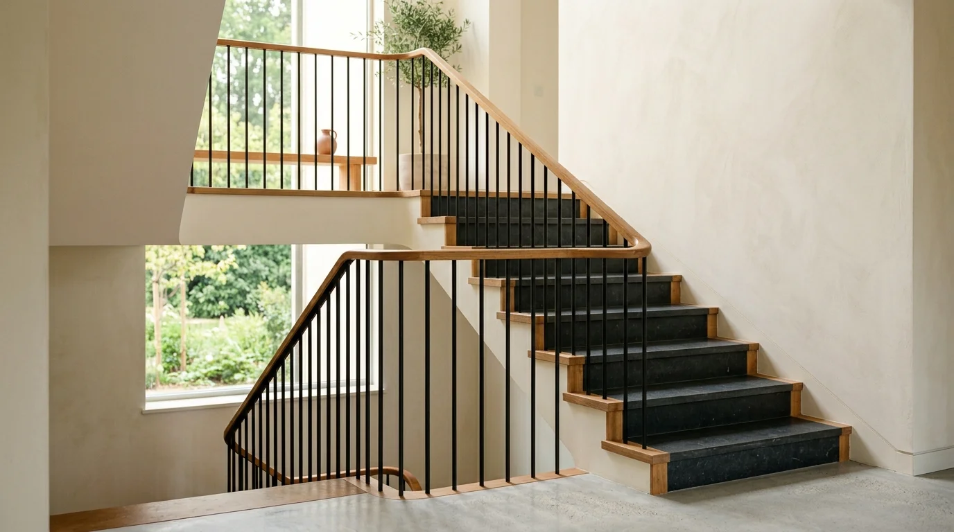 A serene monochrome staircase with soft white walls, matte black railings, warm wooden accents subtly integrated, balanced minimalist elegance, natural daylight, no people