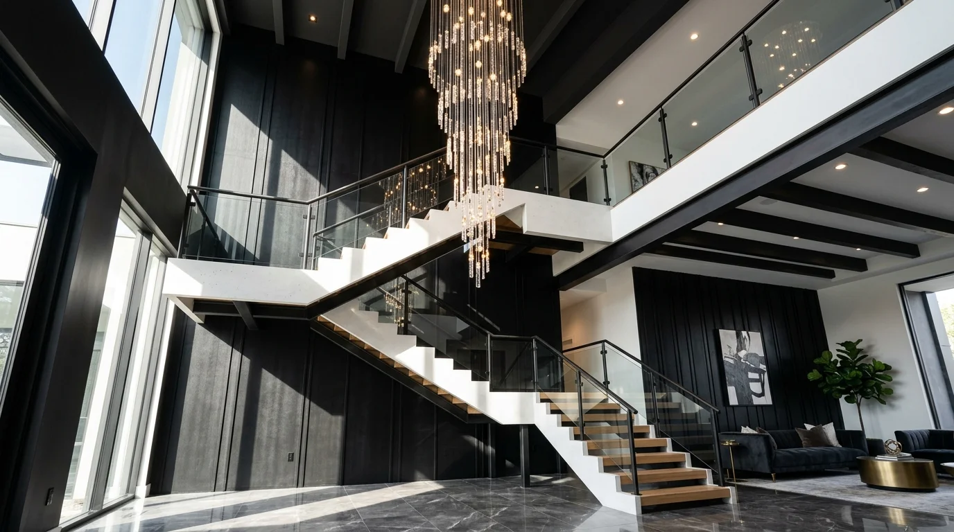 A dramatic double-height staircase with black accent wall, white stair structure, cascading chandelier, and strong architectural shadows, cinematic luxury interior, no people