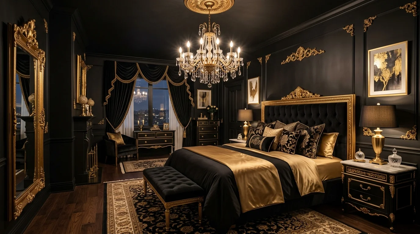 A bedroom with black walls paired with gold accents and a statement chandelier soft lighting elegant luxurious atmosphere no people