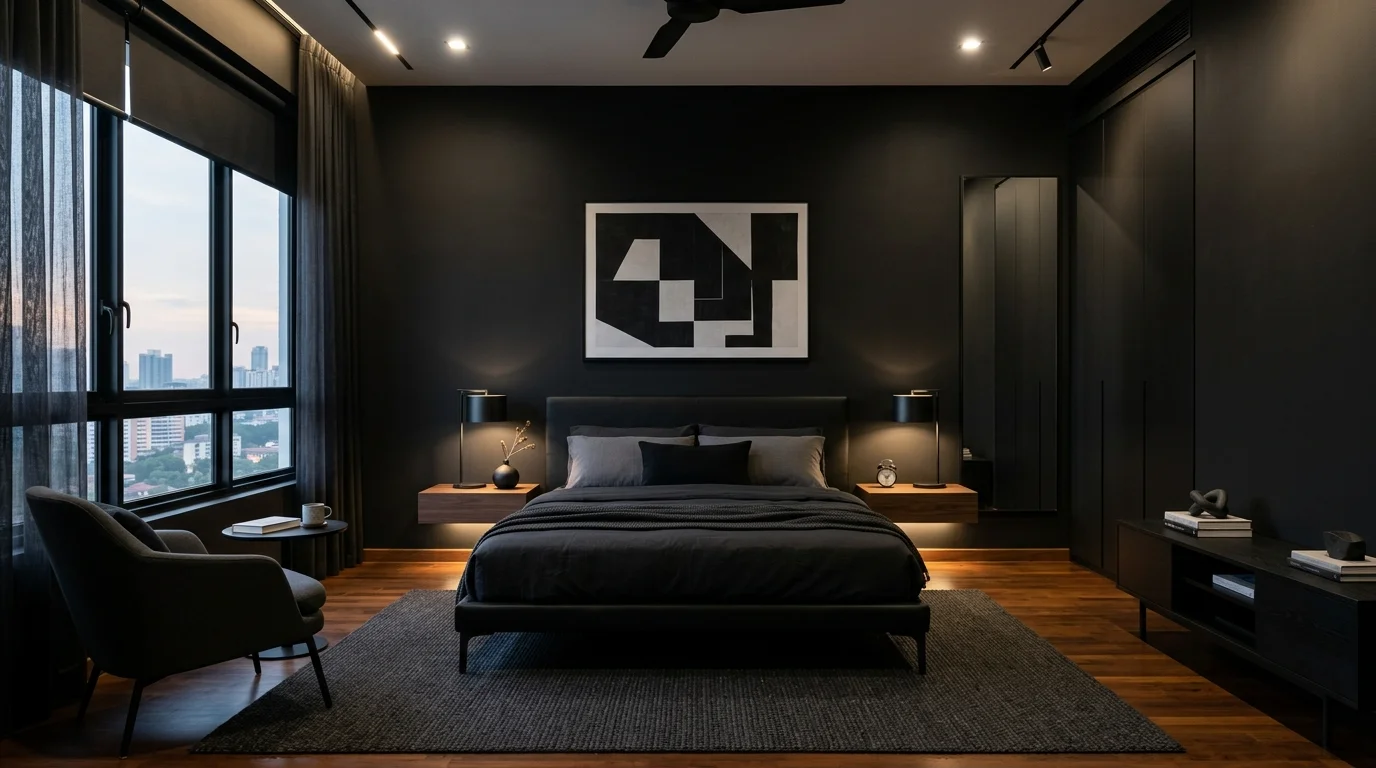 A modern black bedroom with minimalist furniture clean lines and subtle decor bright controlled lighting sleek contemporary style no people