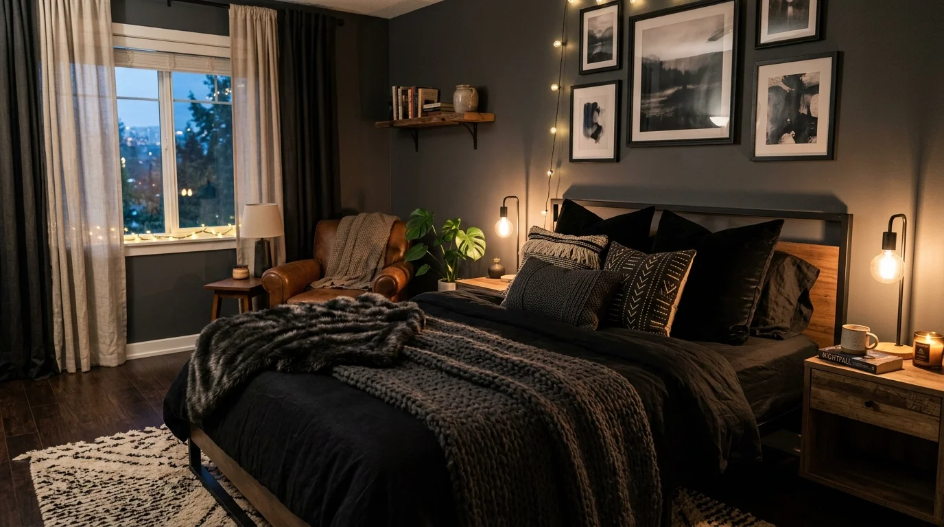 A cozy room with black bedding layered with textured throws and pillows warm soft lighting inviting moody vibe no people
