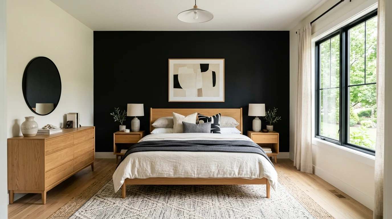 A bedroom with a black accent wall behind the bed paired with neutral furniture bright natural light balanced dramatic look no people