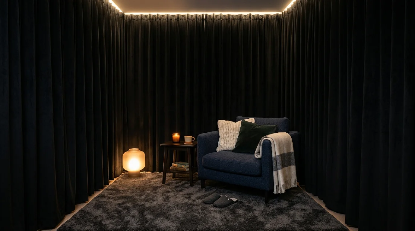 A space with black curtains and soft lighting creating a cocoon like atmosphere warm lighting intimate retreat feel no people